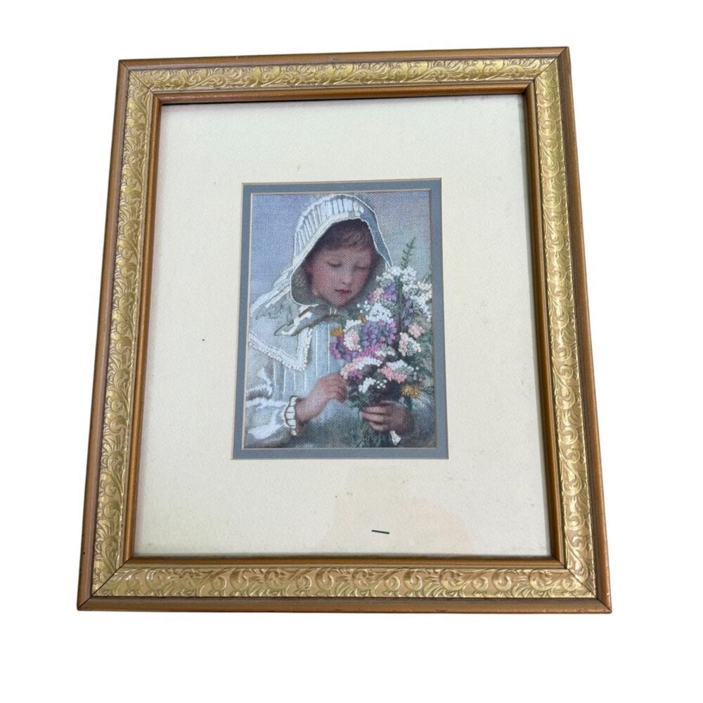 Delicate Beauty Needlepoint Art Framed Vintage 1993 Completed Piece Gold Frame